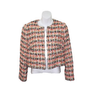 Linton L.K. Bennett London Womens Jacket Tweed Pink Beige Black Plaid Hook Front